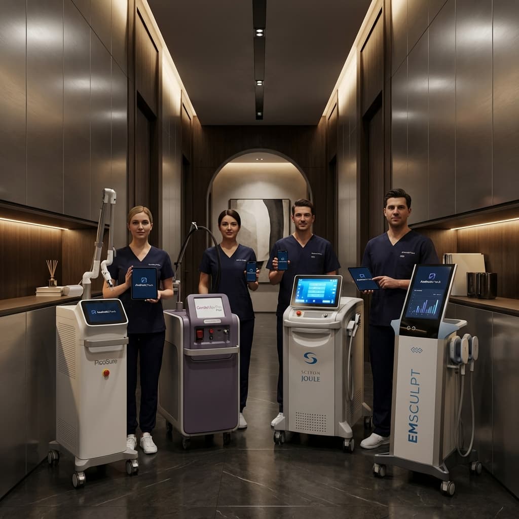 Medspa staff managing Cynosure, Candela, Sciton, and BTL devices with AestheticTrack